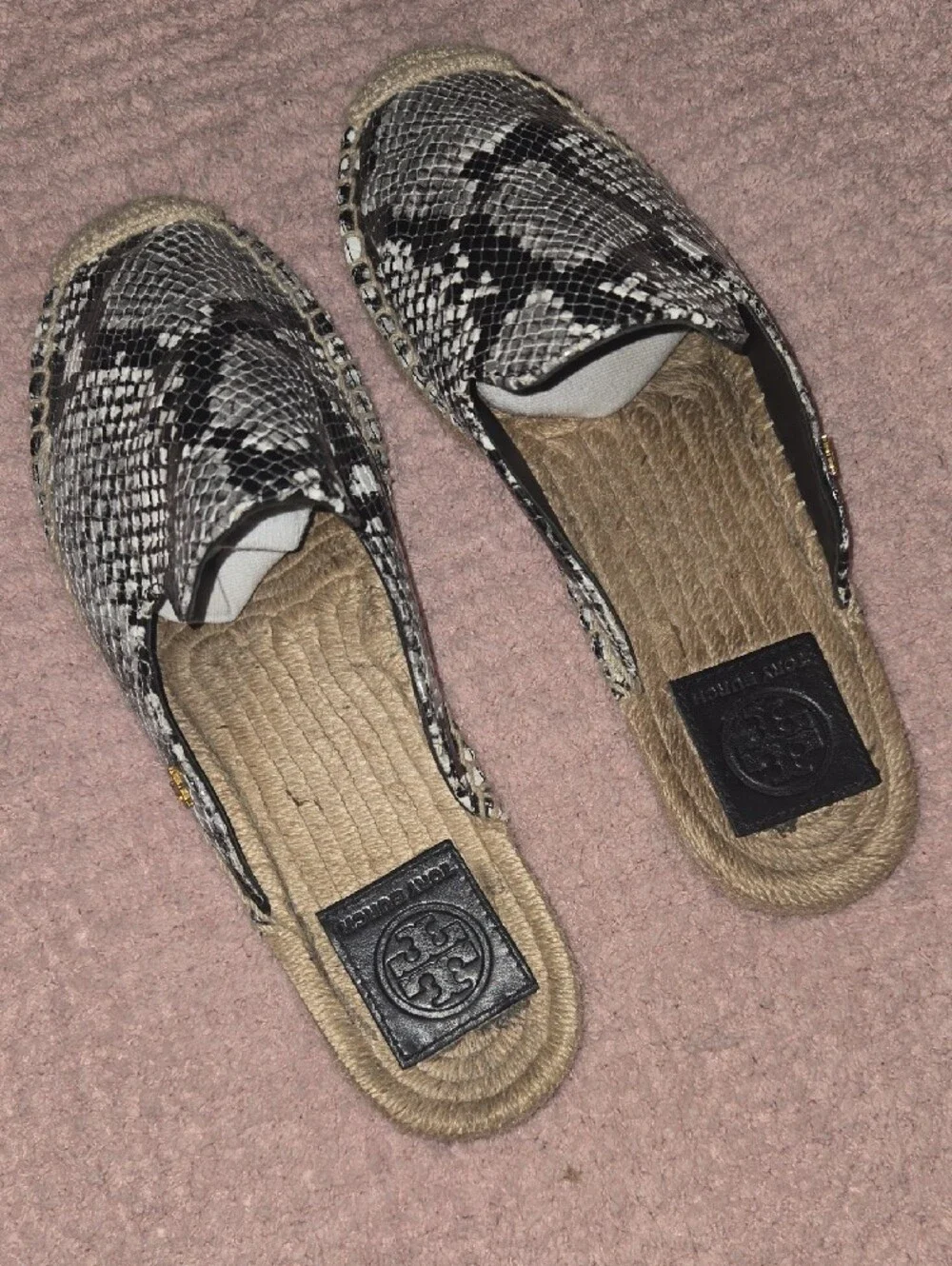 Tory Burch Leather Woven Snake-Print Espadrille Slip-On in Black & White - 7.5M